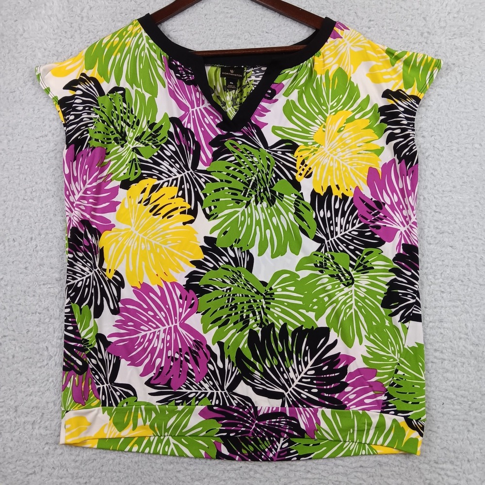 Worthington Blouse XL Multicolor Tropical Monstera Leaf V-Neck Short Sleeve